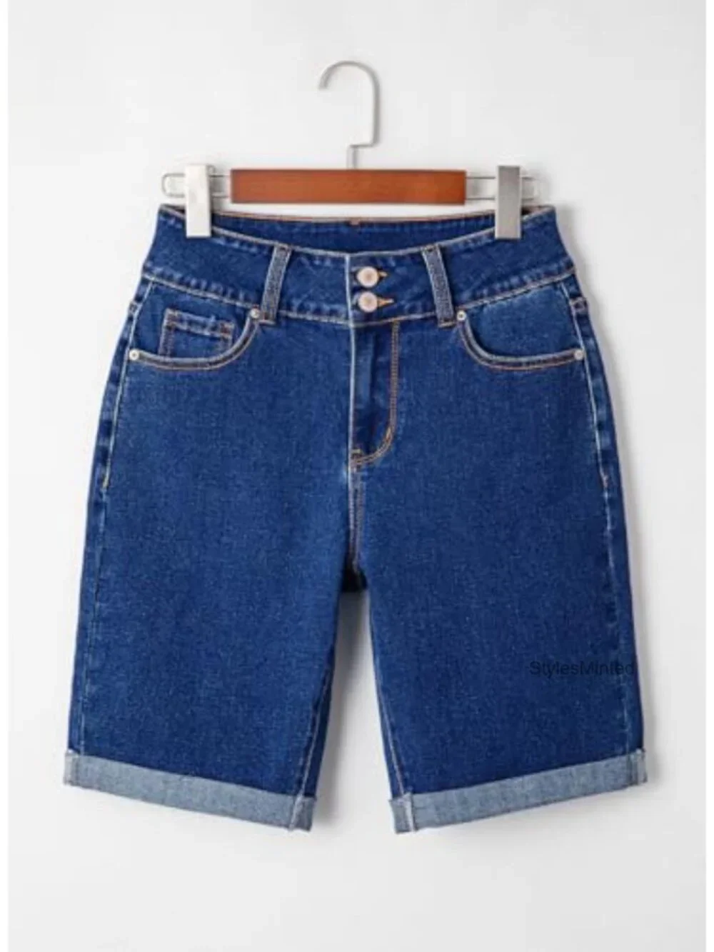 High Waisted Denim Bermuda Shorts Rolled Hem Stretchy Casual Summer